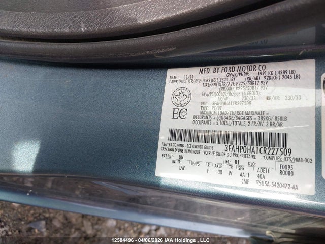 2012 Ford Fusion Se მანქანა იყიდება აუქციონზე, vin: 3FAHP0HA1CR227509, აუქციონის ნომერი: 12584496
