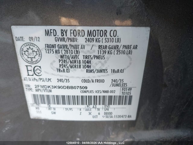 Продажа на аукционе авто 2013 Ford Edge Limited, vin: 2FMDK3K90DBB07509, номер лота: 12584510
