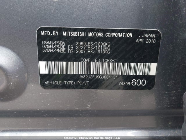 12584512 :رقم المزاد ، JA32U2FU9GU604134 vin ، 2016 Mitsubishi Lancer Es مزاد بيع