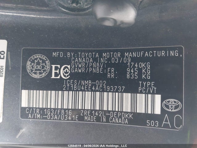 12584519 :رقم المزاد ، 2T1BU4EE4AC193737 vin ، 2010 Toyota Corolla S/le/xle مزاد بيع