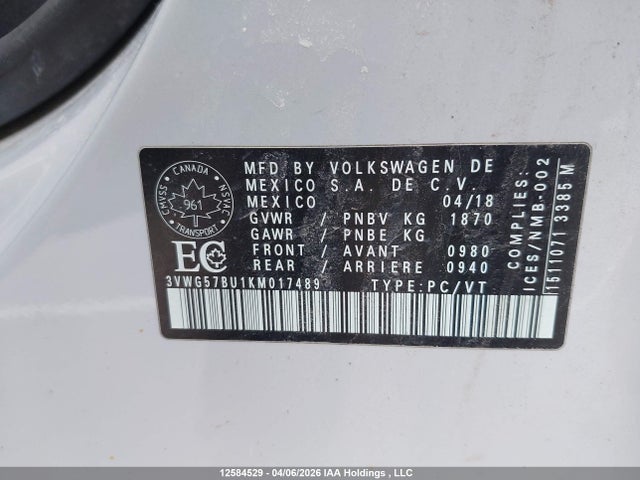 3VWG57BU1KM017489 Volkswagen Jetta Sel Premium