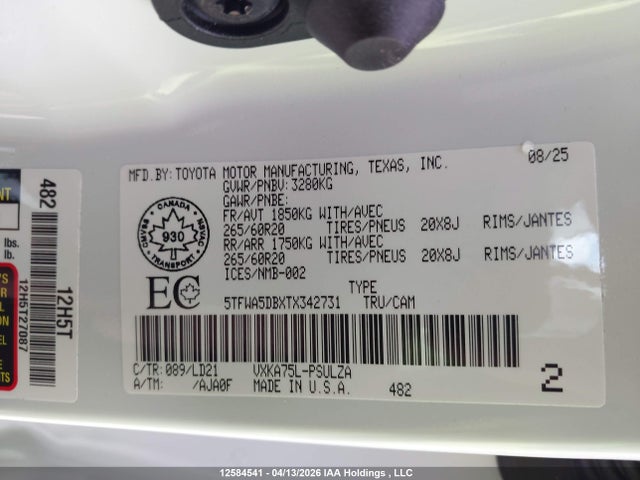 12584541 :رقم المزاد ، 5TFWA5DBXTX342731 vin ، 2026 Toyota Tundra مزاد بيع