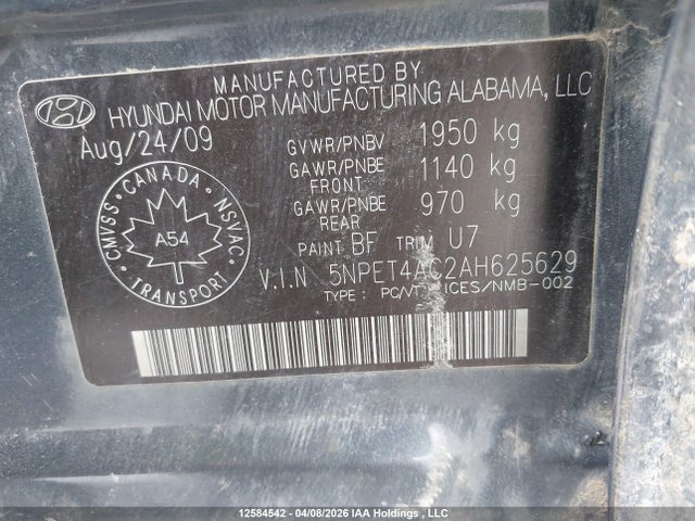 Aukcja sprzedaży 2010 Hyundai Sonata, vin: 5NPET4AC2AH625629, numer aukcji: 12584542
