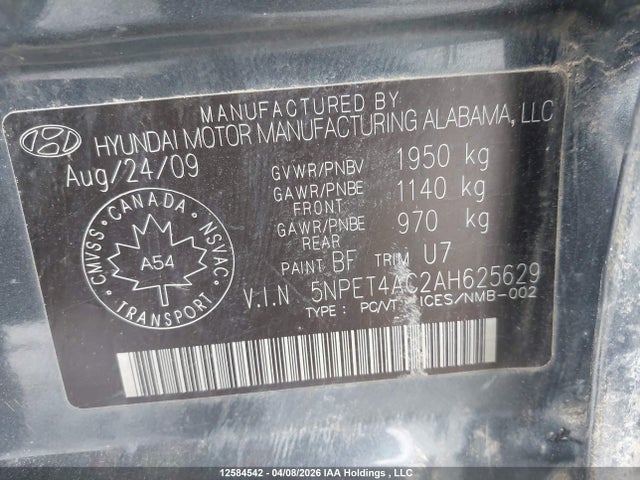Aukcja sprzedaży 2010 Hyundai Sonata, vin: 5NPET4AC2AH625629, numer aukcji: 12584542