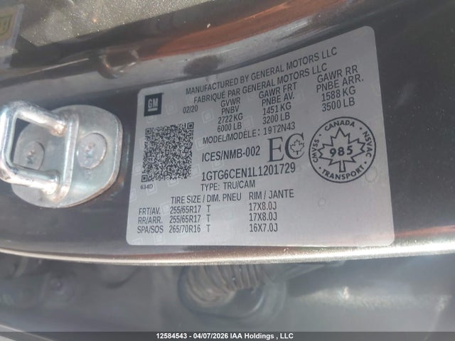Продажа на аукционе авто 2020 Gmc Canyon Sle, vin: 1GTG6CEN1L1201729, номер лота: 12584543