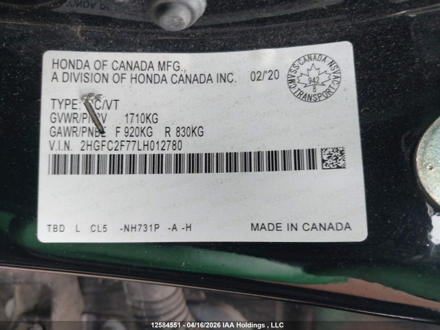 Aukcja sprzedaży 2020 Honda Civic Ex 4dr, vin: 2HGFC2F77LH012780, numer aukcji: 12584551