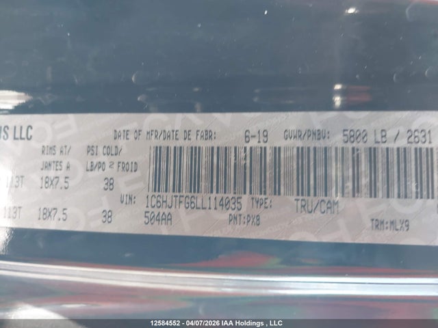 12584552 :رقم المزاد ، 1C6HJTFG6LL114035 vin ، 2020 Jeep Gladiator Overland مزاد بيع