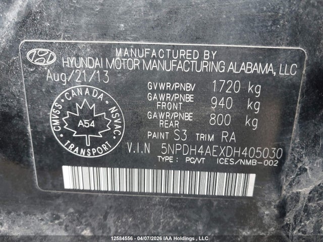 Продаж на аукціоні авто 2013 Hyundai Elantra, vin: 5NPDH4AEXDH405030, номер лоту: 12584556
