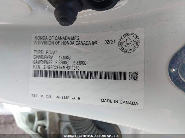 Auction sale of the 2021 Honda Civic, vin: 2HGFC2F54MH011070, lot number: 12584561