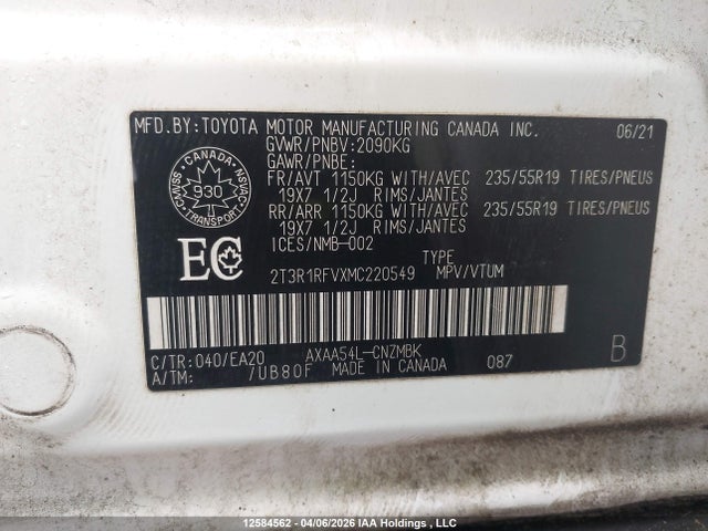 2021 Toyota Rav4 Xle მანქანა იყიდება აუქციონზე, vin: 2T3R1RFVXMC220549, აუქციონის ნომერი: 12584562