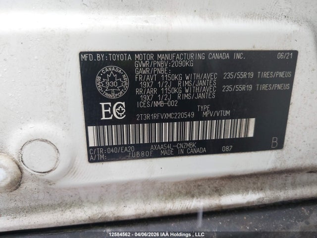 2021 Toyota Rav4 Xle მანქანა იყიდება აუქციონზე, vin: 2T3R1RFVXMC220549, აუქციონის ნომერი: 12584562