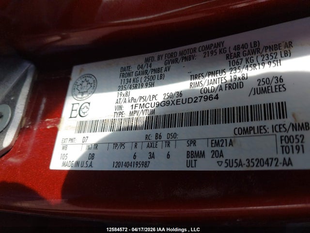 2014 Ford Escape Se მანქანა იყიდება აუქციონზე, vin: 1FMCU9G9XEUD27964, აუქციონის ნომერი: 12584572