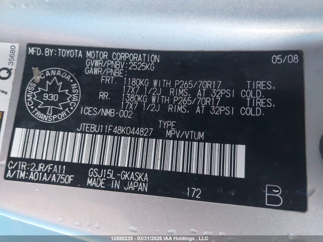 12580235 :رقم المزاد ، JTEBU11F48K044827 vin ، 2008 Toyota Fj Cruiser مزاد بيع