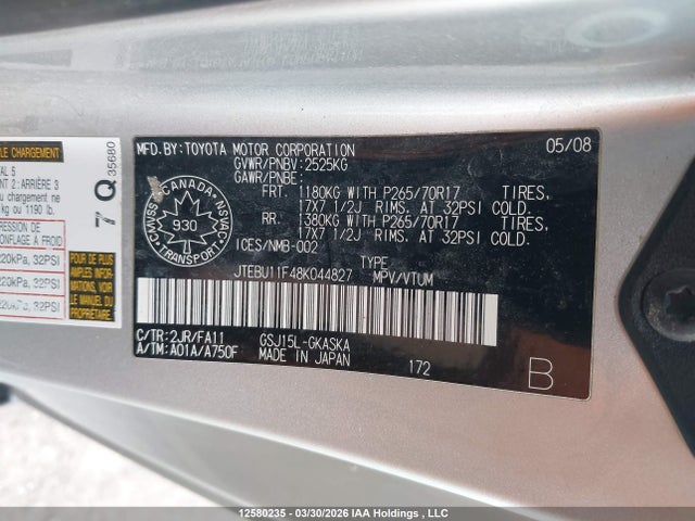 12580235 :رقم المزاد ، JTEBU11F48K044827 vin ، 2008 Toyota Fj Cruiser مزاد بيع