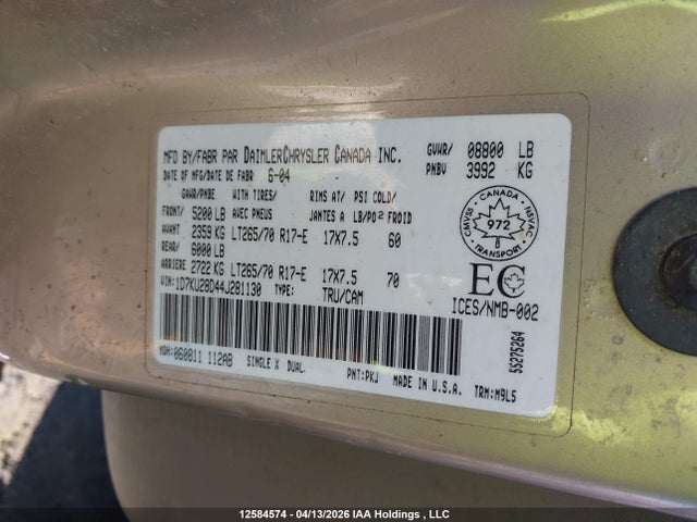 12584574 :رقم المزاد ، 1D7KU28D44J281130 vin ، 2004 Dodge Ram 2500 Slt/laramie مزاد بيع
