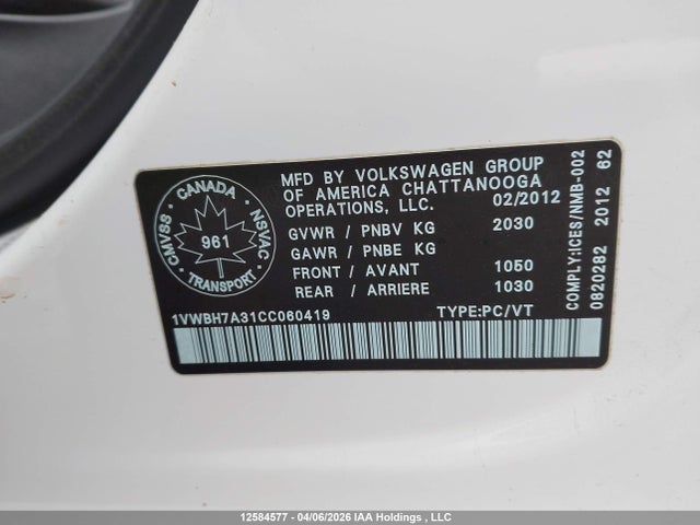Продажа на аукционе авто 2012 Volkswagen Passat 2.5l Comfortline, vin: 1VWBH7A31CC060419, номер лота: 12584577
