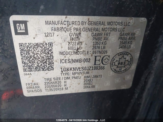 12584579 :رقم المزاد ، 1GKKNVLS0JZ189366 vin ، 2018 Gmc Acadia Slt-1 مزاد بيع