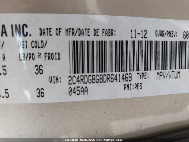 12584580 :رقم المزاد ، 2C4RDGBG8DR641469 vin ، 2013 Dodge Grand Caravan Se مزاد بيع