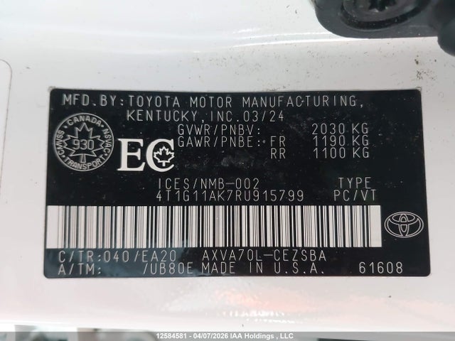 12584581 :رقم المزاد ، 4T1G11AK7RU915799 vin ، 2024 Toyota Camry Se Night Shade/se مزاد بيع