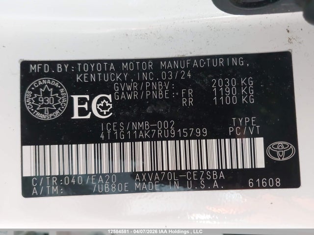 12584581 :رقم المزاد ، 4T1G11AK7RU915799 vin ، 2024 Toyota Camry Se Night Shade/se مزاد بيع