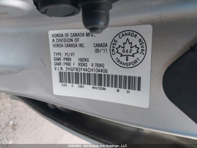 12584583 :رقم المزاد ، 2HGFB2F44CH104406 vin ، 2012 Honda Civic مزاد بيع