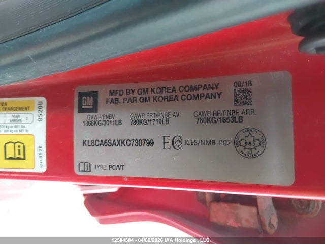 Aukcja sprzedaży 2019 Chevrolet Spark Ls, vin: KL8CA6SAXKC730799, numer aukcji: 12584584