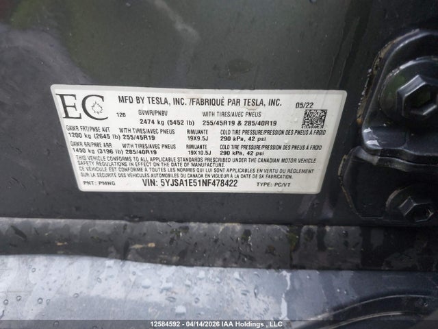 Продаж на аукціоні авто 2022 Tesla Model S, vin: 5YJSA1E51NF478422, номер лоту: 12584592