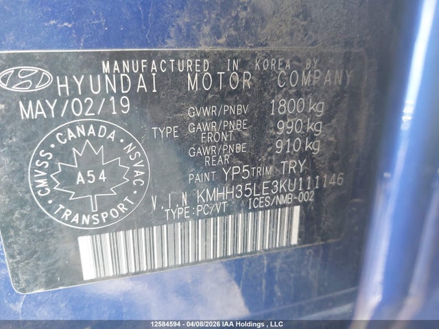 12584594 :رقم المزاد ، KMHH35LE3KU111146 vin ، 2019 Hyundai Elantra Gt مزاد بيع