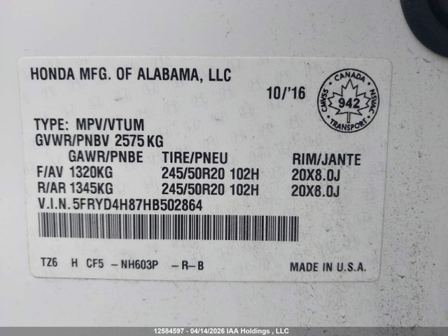 Продажа на аукционе авто 2017 Acura Mdx Advance, vin: 5FRYD4H87HB502864, номер лота: 12584597