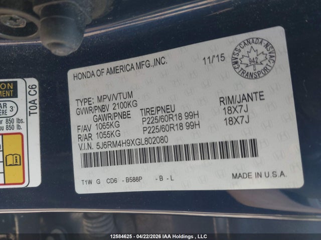 5J6RM4H9XGL802080 Honda Cr-v Touring