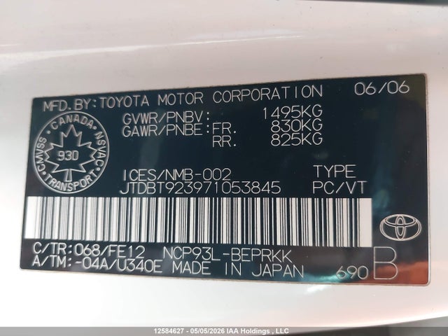 12584627 :رقم المزاد ، JTDBT923971053845 vin ، 2007 Toyota Yaris مزاد بيع