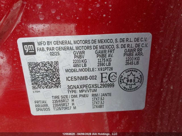 2025 Chevrolet Equinox Lt მანქანა იყიდება აუქციონზე, vin: 3GNAXPEGXSL290999, აუქციონის ნომერი: 12584628