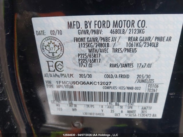 2010 Ford Escape Xlt მანქანა იყიდება აუქციონზე, vin: 1FMCU9DG6AKC12027, აუქციონის ნომერი: 12584630