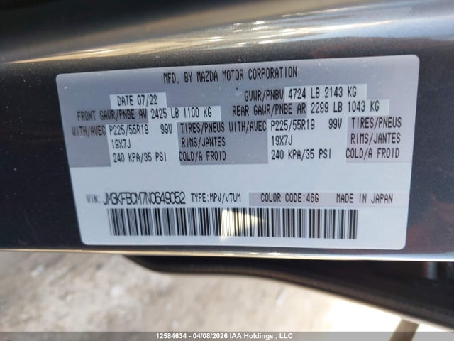 12584634 :رقم المزاد ، JM3KFBCM7N0649052 vin ، 2022 Mazda Cx-5 Preferred مزاد بيع