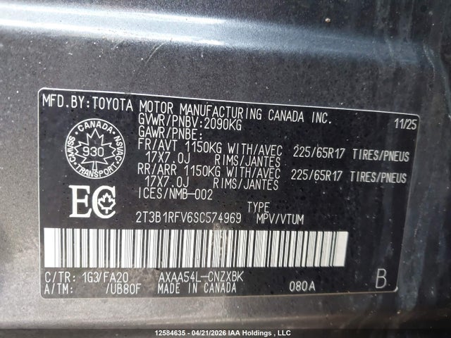 12584635 :رقم المزاد ، 2T3B1RFV6SC574969 vin ، 2025 Toyota Rav4 Le مزاد بيع