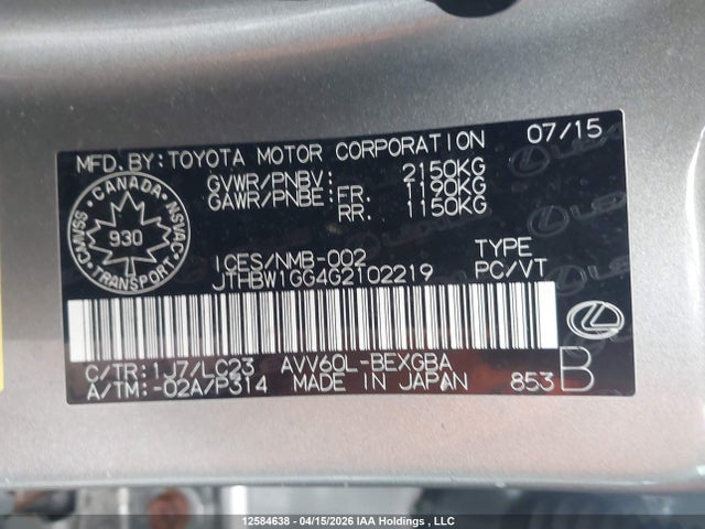 Aukcja sprzedaży 2016 Lexus Es 300h 300h, vin: JTHBW1GG4G2102219, numer aukcji: 12584638