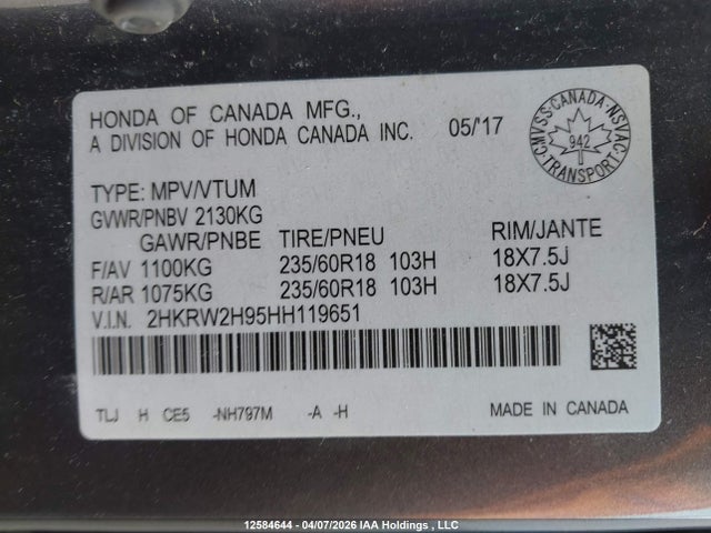 2HKRW2H95HH119651 Honda Cr-v Touring
