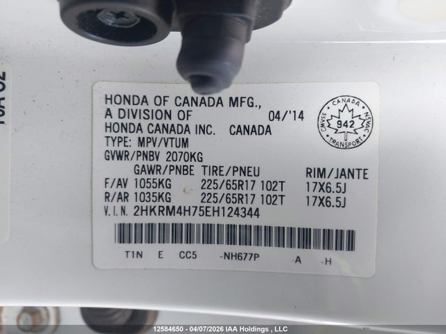 Aukcja sprzedaży 2014 Honda Cr-v Exl, vin: 2HKRM4H75EH124344, numer aukcji: 12584650