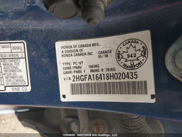 Продаж на аукціоні авто 2008 Honda Civic Sdn, vin: 2HGFA16418H020435, номер лоту: 12584659