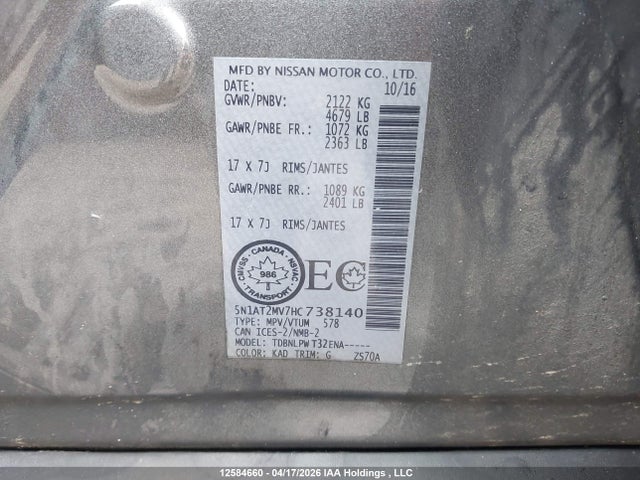 5N1AT2MV7HC738140 Nissan Rogue S/sl Platinum/sv