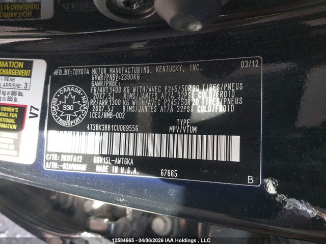 2012 Toyota Venza Base V6 მანქანა იყიდება აუქციონზე, vin: 4T3BK3BB1CU069556, აუქციონის ნომერი: 12584665