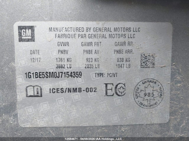 2018 Chevrolet Cruze Lt მანქანა იყიდება აუქციონზე, vin: 1G1BE5SM0J7154359, აუქციონის ნომერი: 12584671
