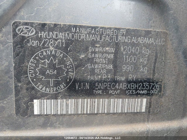 Продажа на аукционе авто 2011 Hyundai Sonata Se/limited, vin: 5NPEC4ABXBH235726, номер лота: 12584672