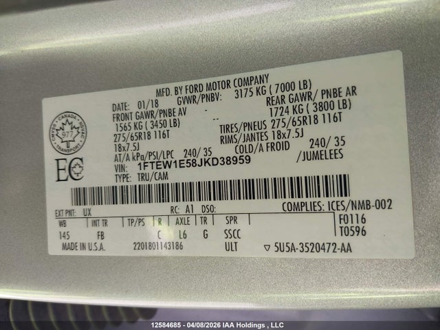 Продаж на аукціоні авто 2018 Ford F-150 Xlt, vin: 1FTEW1E58JKD38959, номер лоту: 12584685