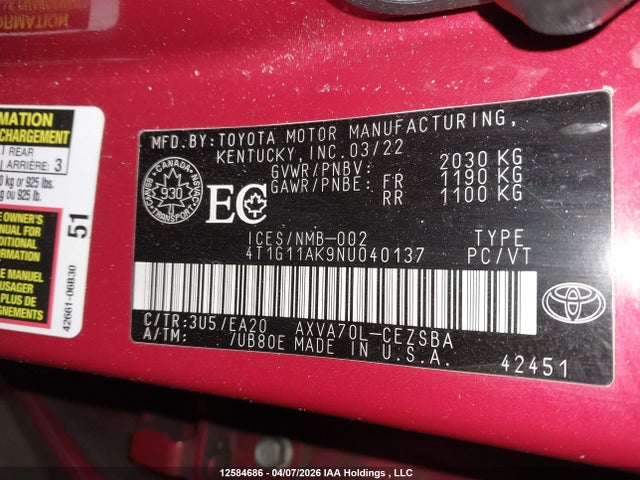 2022 Toyota Camry Se/se Night Shade მანქანა იყიდება აუქციონზე, vin: 4T1G11AK9NU040137, აუქციონის ნომერი: 12584686
