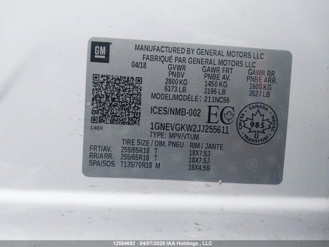 1GNEVGKW2JJ255611 Chevrolet Traverse Lt Cloth