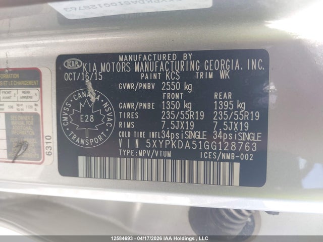 5XYPKDA51GG128763 KIA Sorento 3.3l Sx/3.3l Sx+