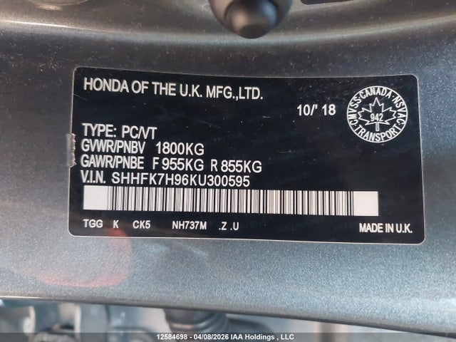 SHHFK7H96KU300595 Honda Civic Sport Touring