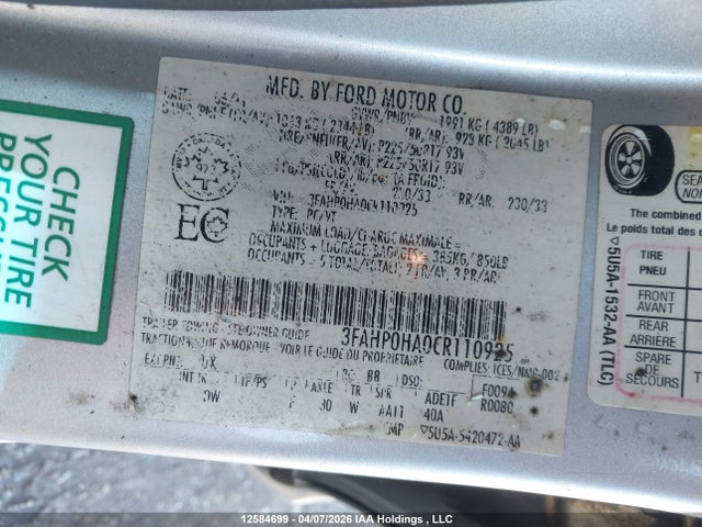 2012 Ford Fusion Se მანქანა იყიდება აუქციონზე, vin: 3FAHP0HA0CR110925, აუქციონის ნომერი: 12584699