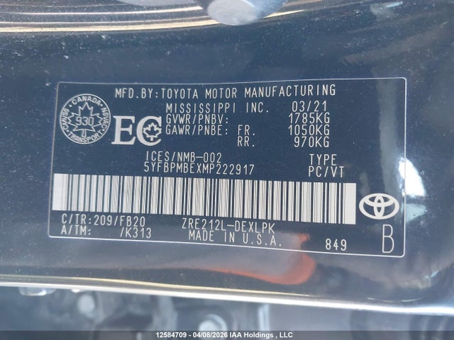 Aukcja sprzedaży 2021 Toyota Corolla Le, vin: 5YFBPMBEXMP222917, numer aukcji: 12584709